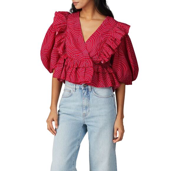 RHODE Red Printed 100% Cotton Short Sleeve V-Neckline Puff Sleeves Top size XL - Picture 4 of 16